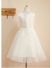 Ivory Satin Tulle Lace Sash Knee Length Flower Girl Dress